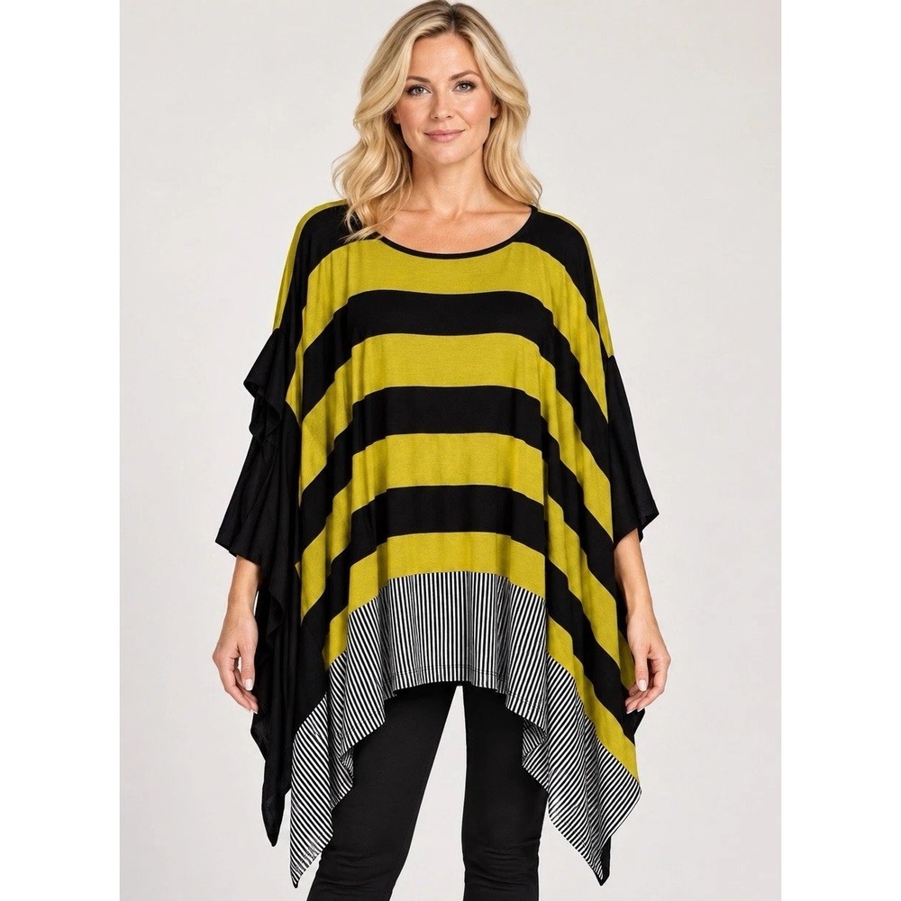 Alembika Blouse Top Black Chartreuse Striped Open Sides Asymmetric Hem Medium